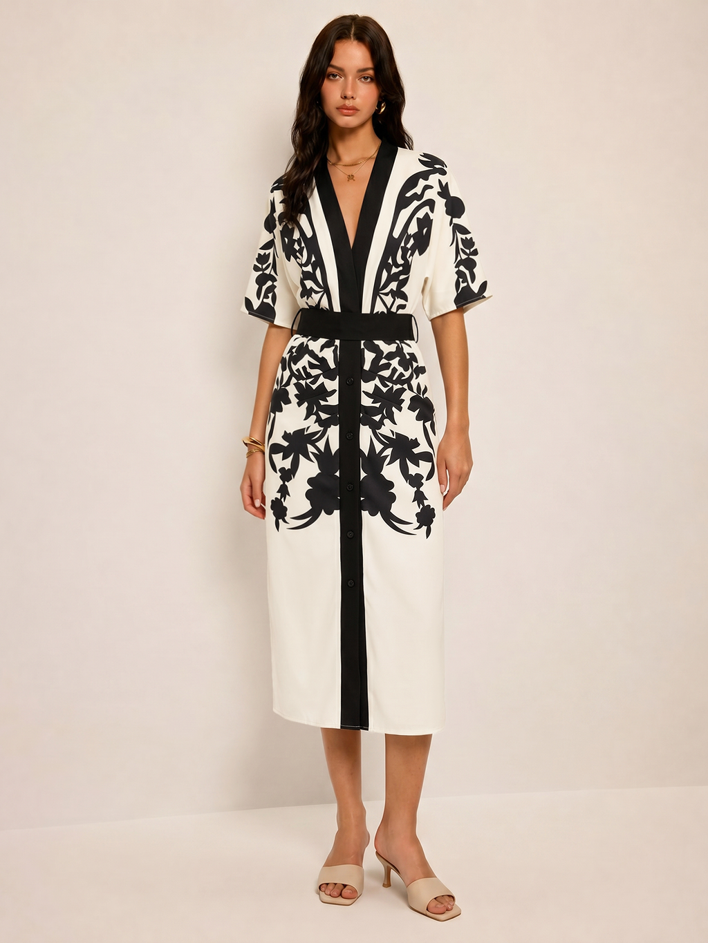 Abstract Print V-Neck Belted Midi Dress