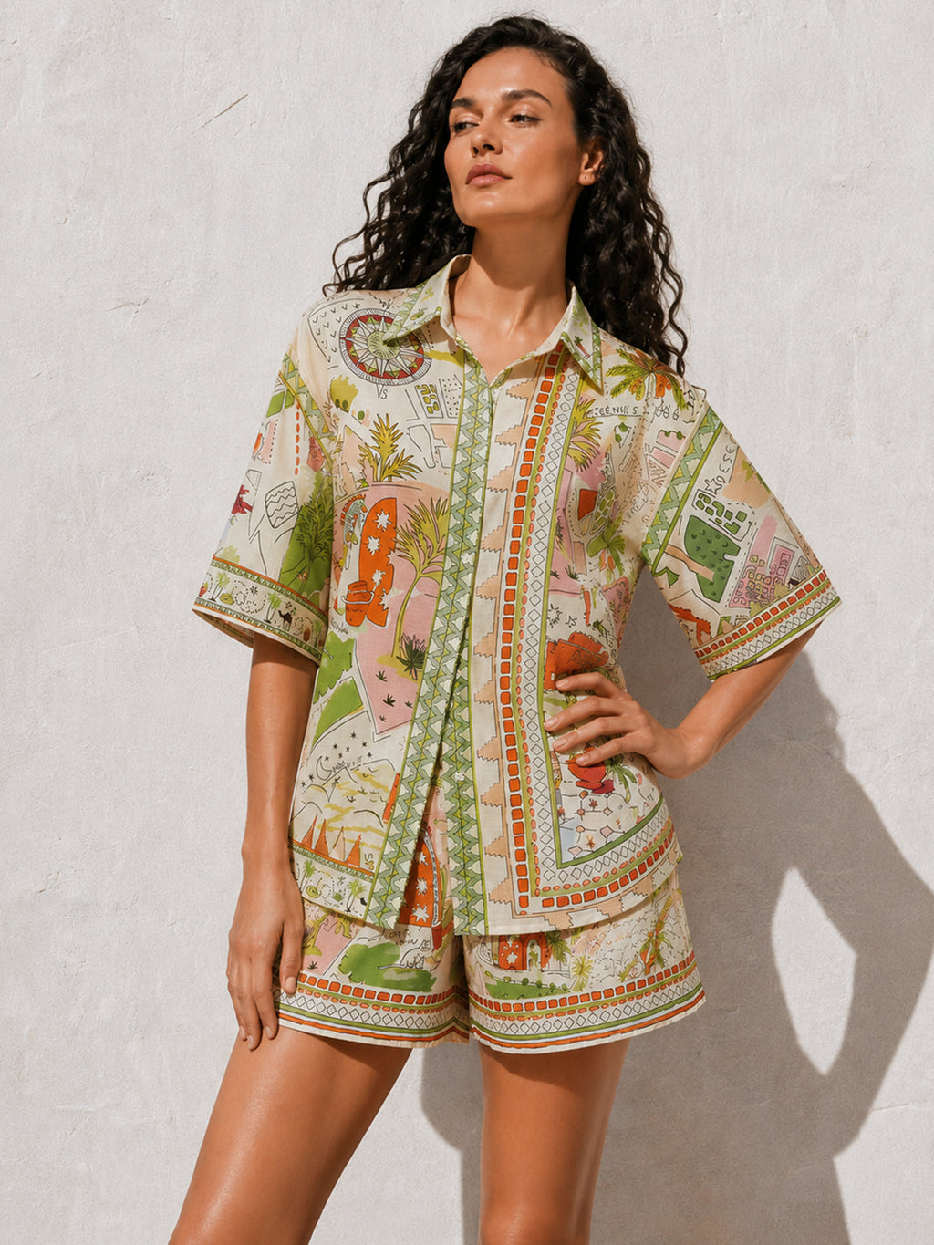 Printed Short Sleeve Shirt & Drawstring Shorts Set