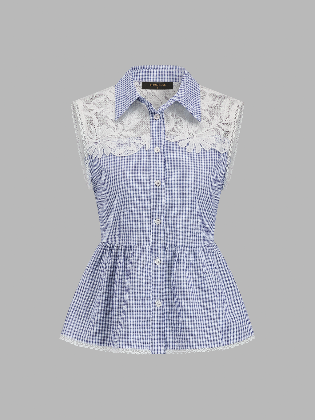 Gingham Lace Panel Sleeveless Peplum Shirt