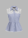 Gingham Lace Panel Sleeveless Peplum Shirt