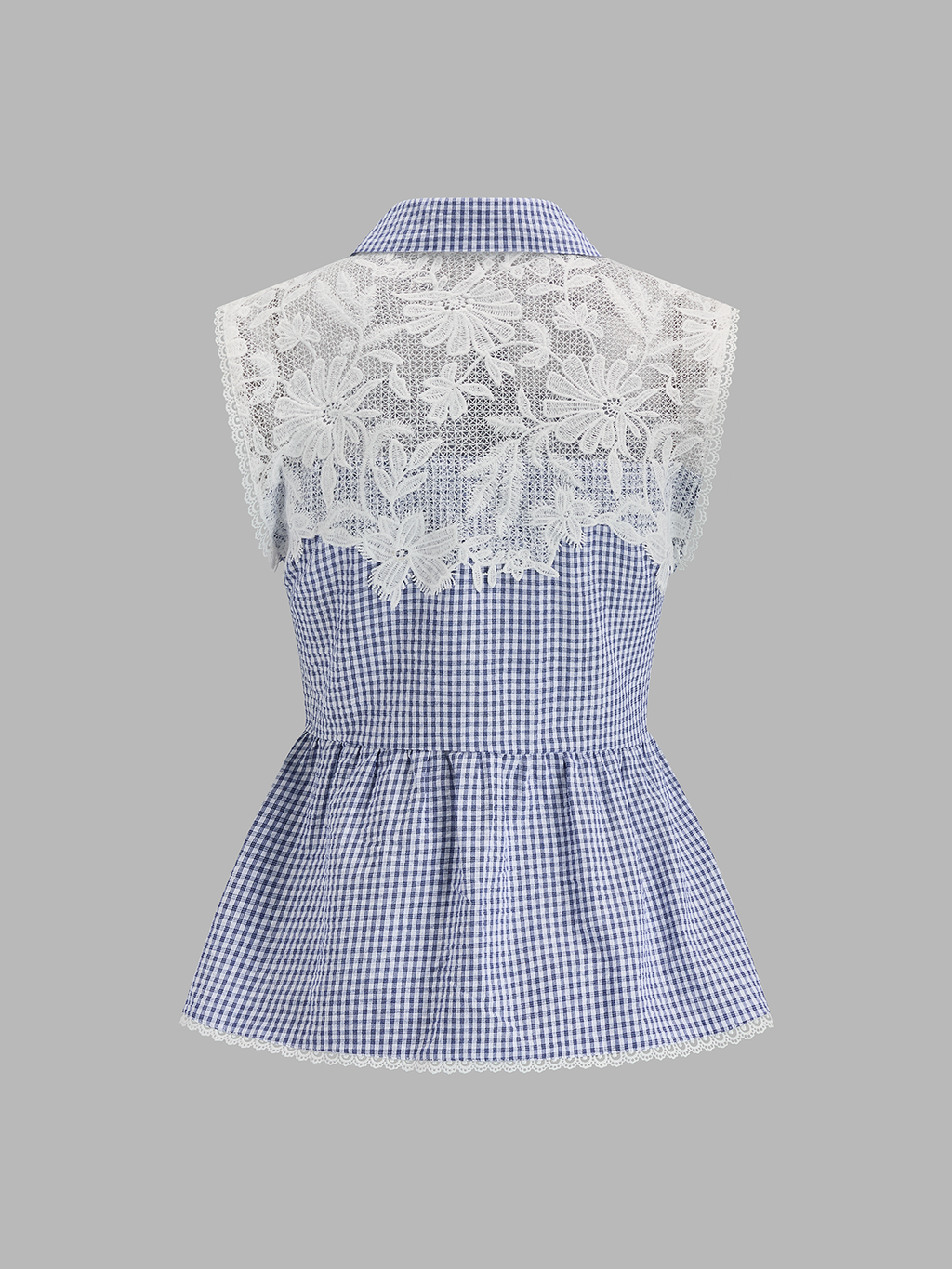 Gingham Lace Panel Sleeveless Peplum Shirt