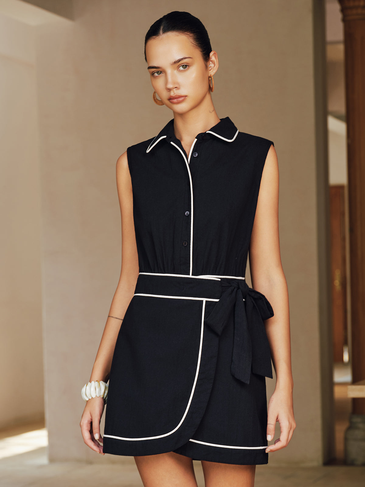 Contrast Piping Sleeveless Collared Cotton Mini Dress