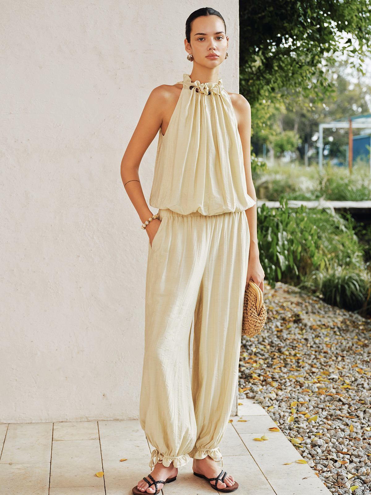 Crinkle Ruffle Neck Top & Jogger Pant Set