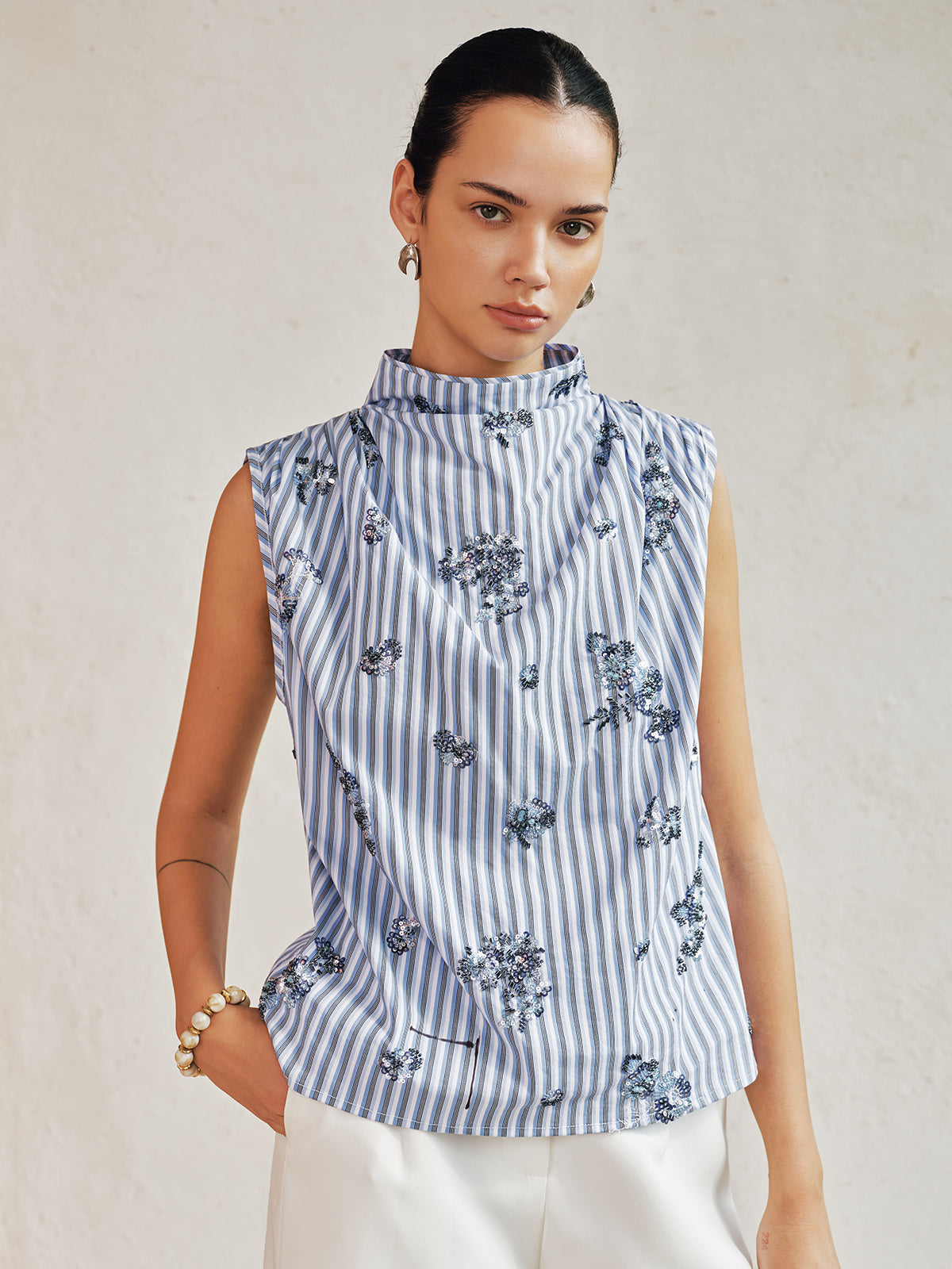 Striped Sleeveless Sequin Blouse