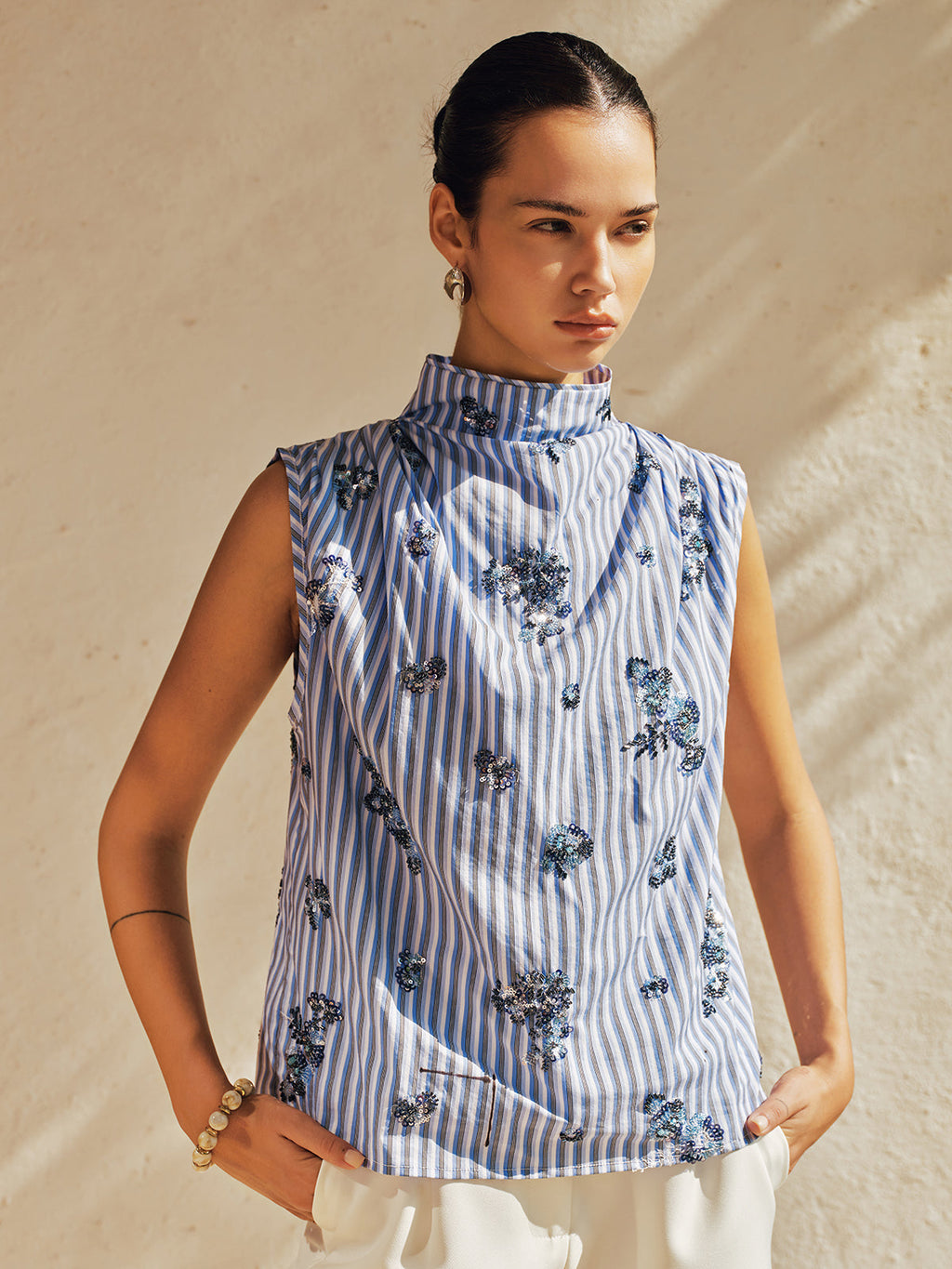 Striped Sleeveless Sequin Blouse