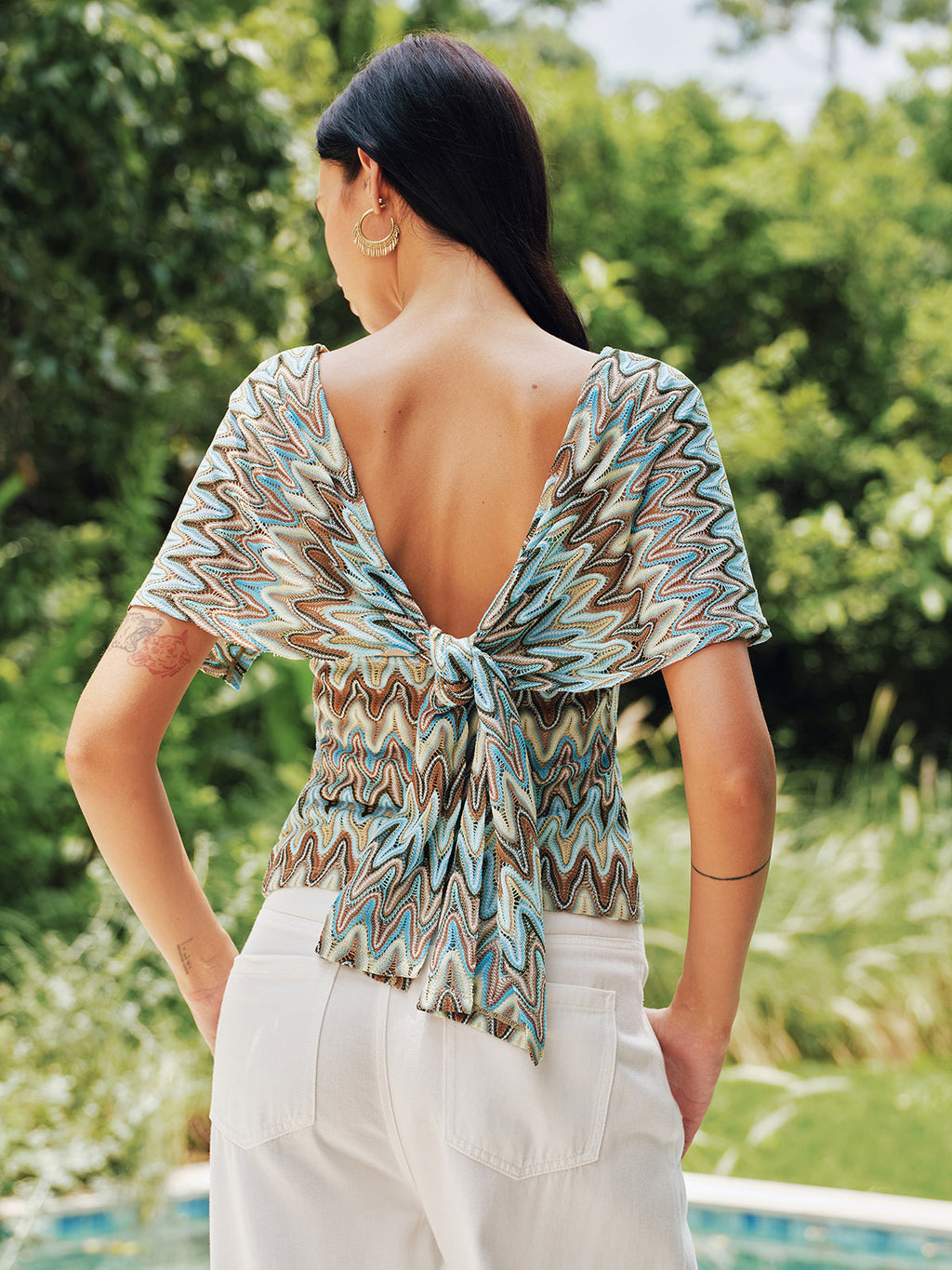 Multicolor Chevron Tie-Back Deep V Blouse