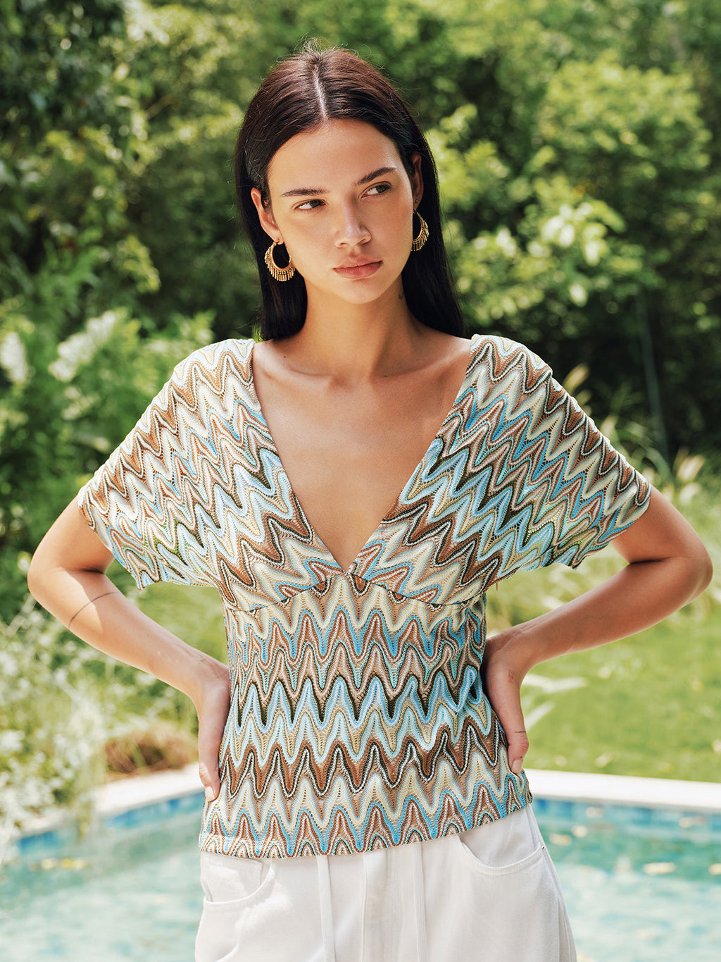 Multicolor Chevron Tie-Back Deep V Blouse
