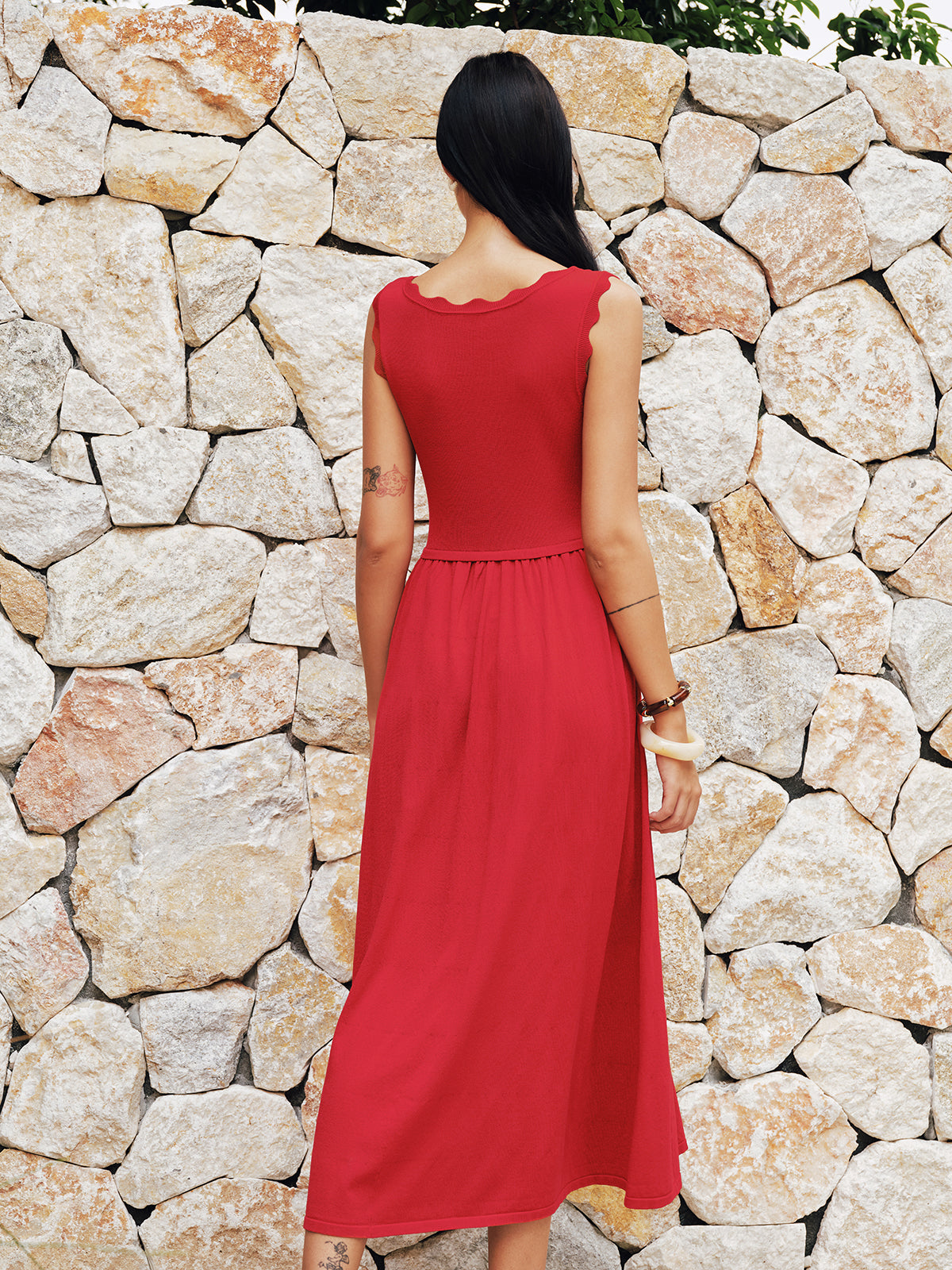 Scallop Trim Sleeveless Knit Flowy Midi Dress