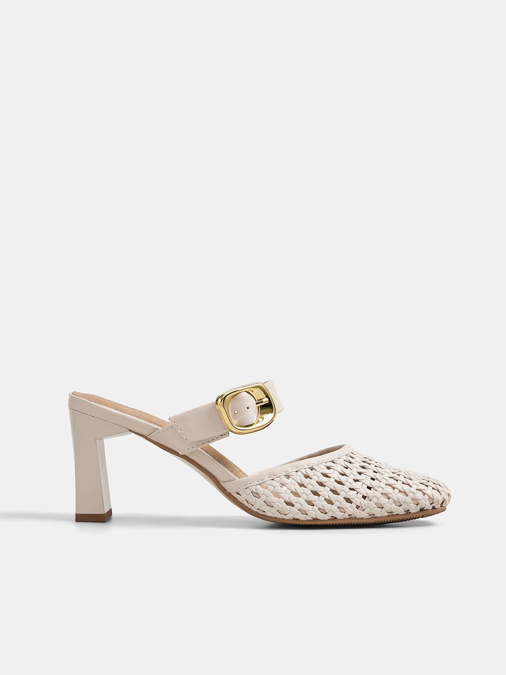 Buckle Strap Block Heel Woven Mules