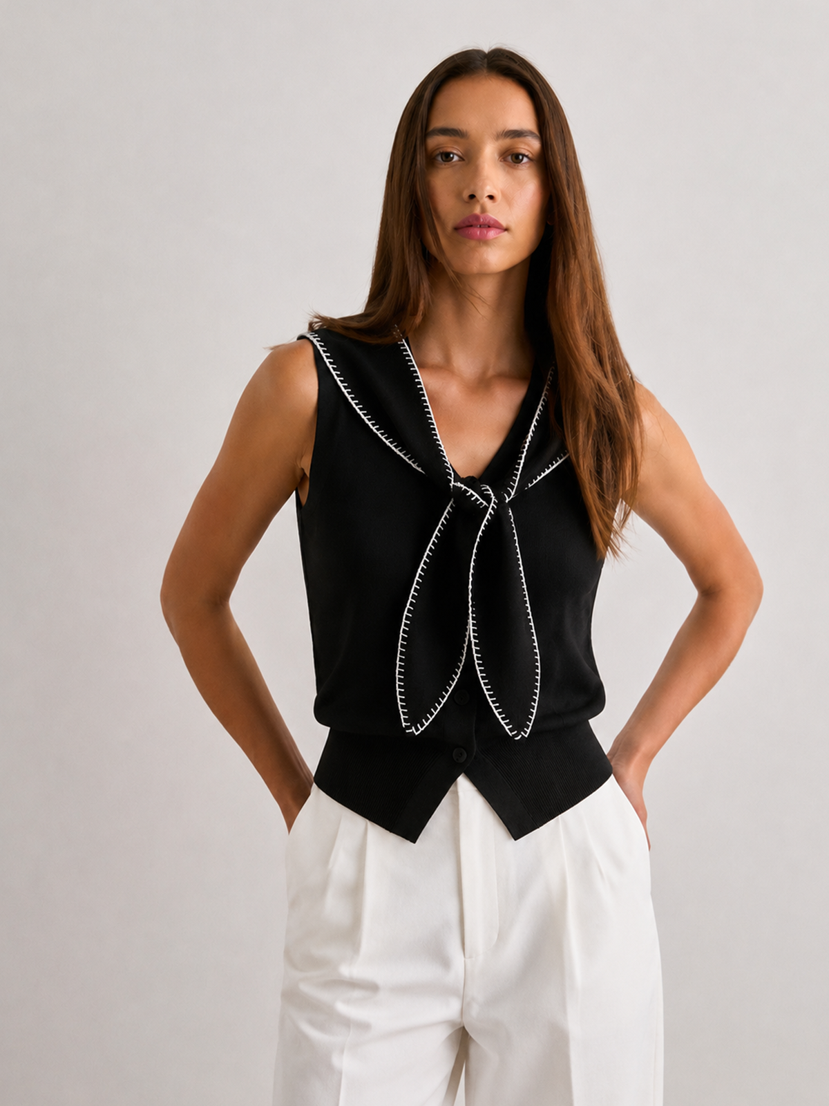 Contrast Stitch Knotted Knit Vest