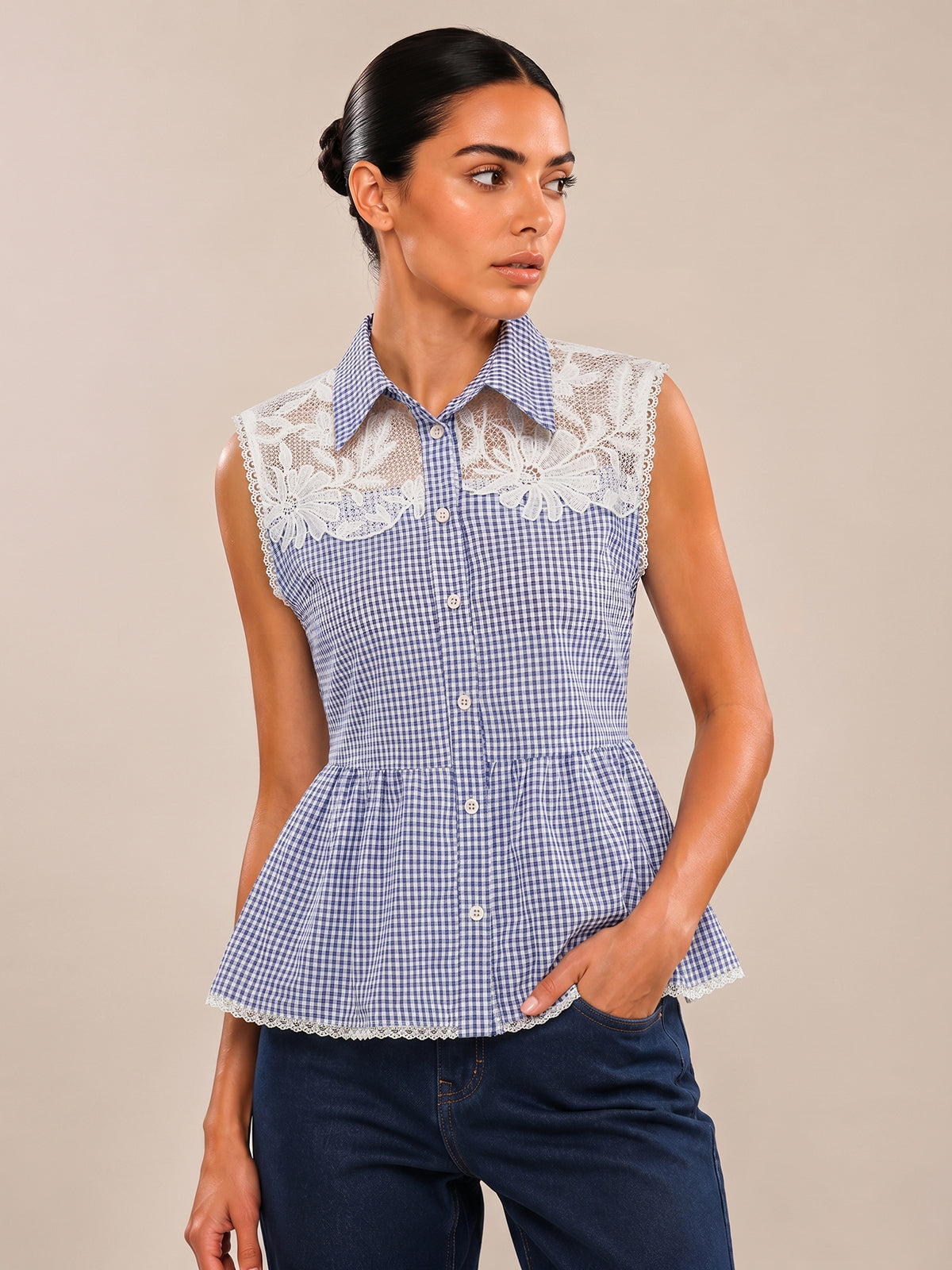 Gingham Lace Panel Sleeveless Peplum Shirt