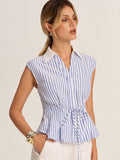 Striped Tie-Waist Collared Peplum Blouse