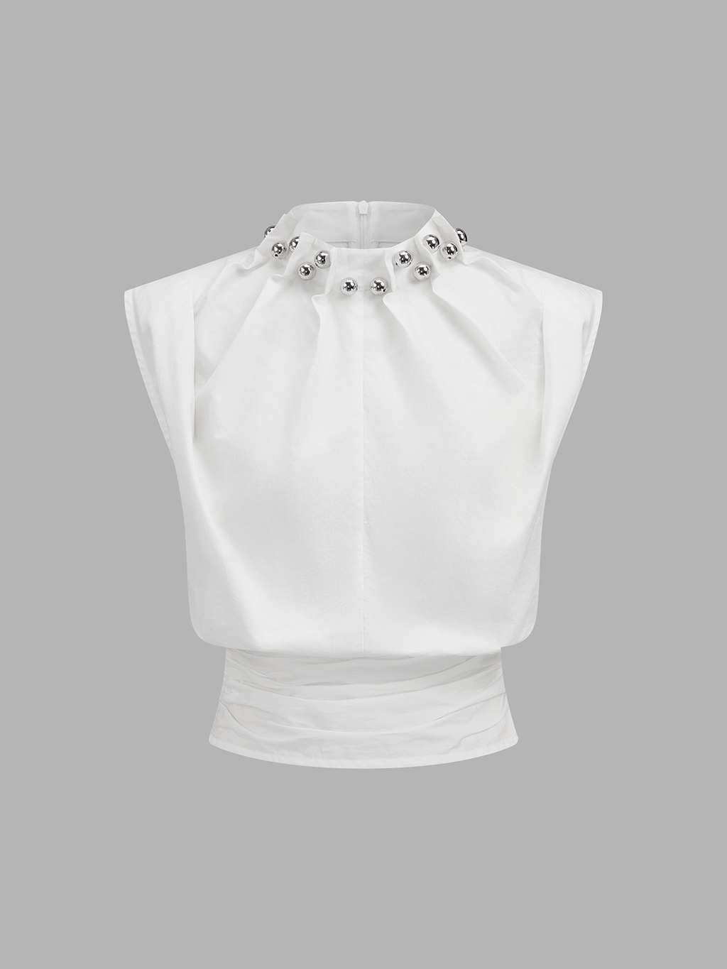Sleeveless Studded Cinched Waist Cotton Blouse