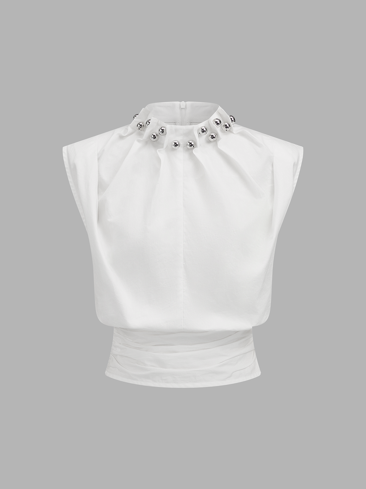 Sleeveless Studded Cinched Waist Cotton Blouse