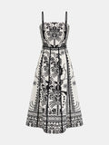 Ethnic Print Seamed Slip Midi Dress