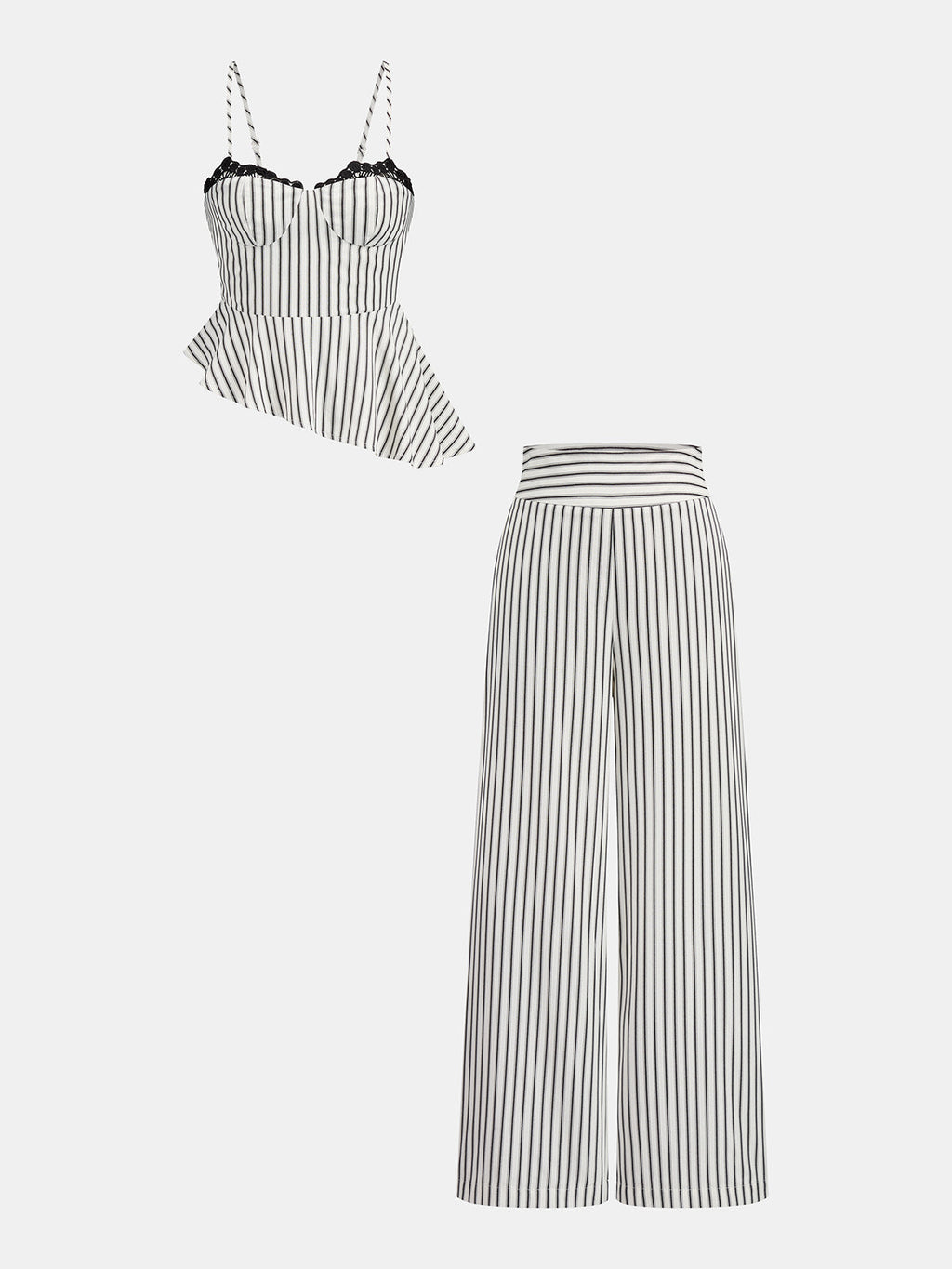 Lace Trim Striped Peplum Top & Pants Set