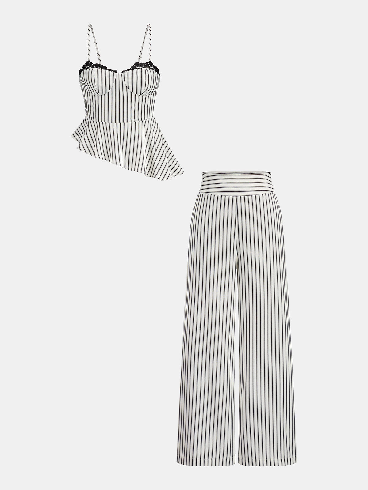 Lace Trim Striped Peplum Top & Pants Set