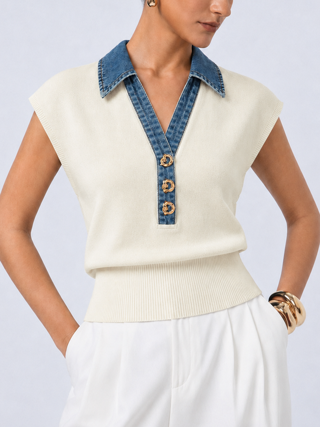 Cinched-Waist Denim-Collar Knit Vest