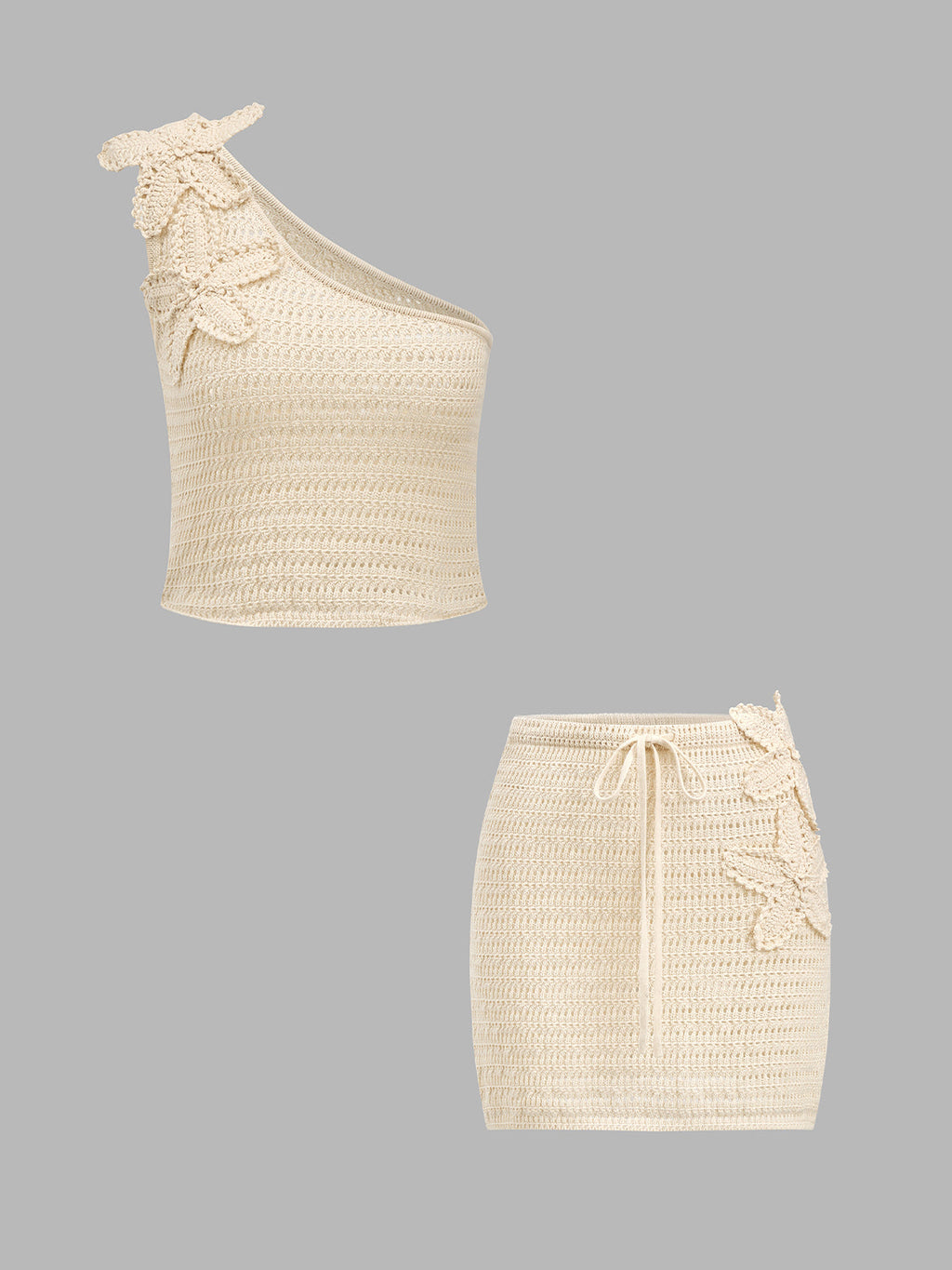 Floral Crochet One Shoulder Top & Mini Skirt Set