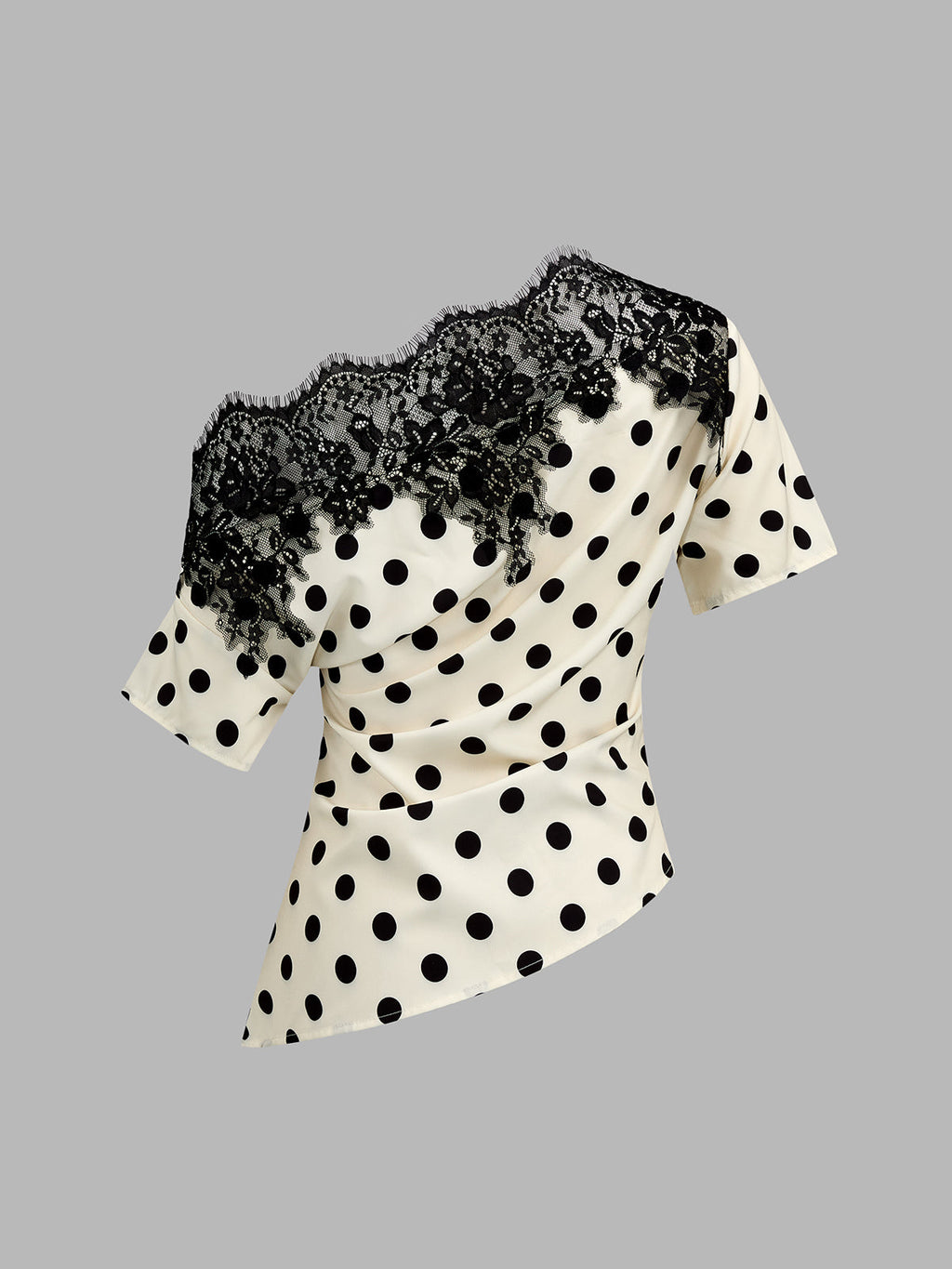 Lace Trim Polka Dot One-Shoulder Top