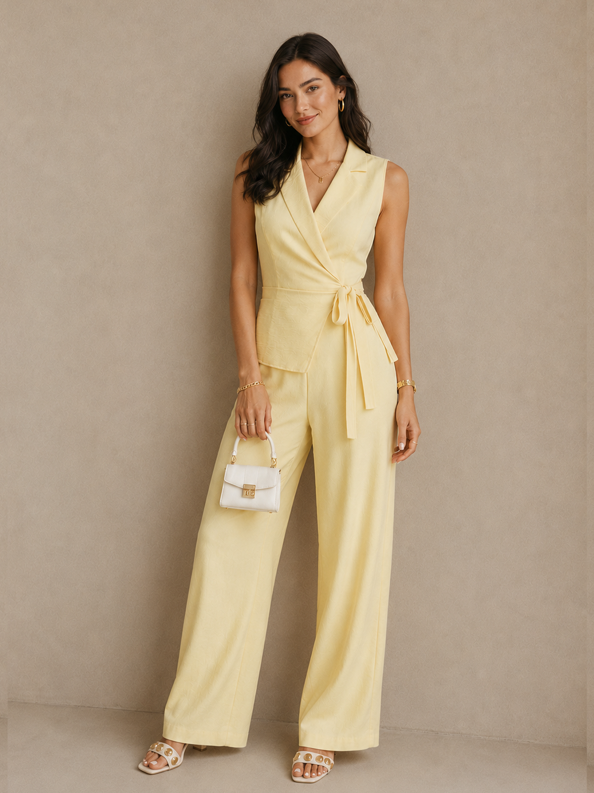 Lapel Wrap Tie Waist Wide Leg Jumpsuit