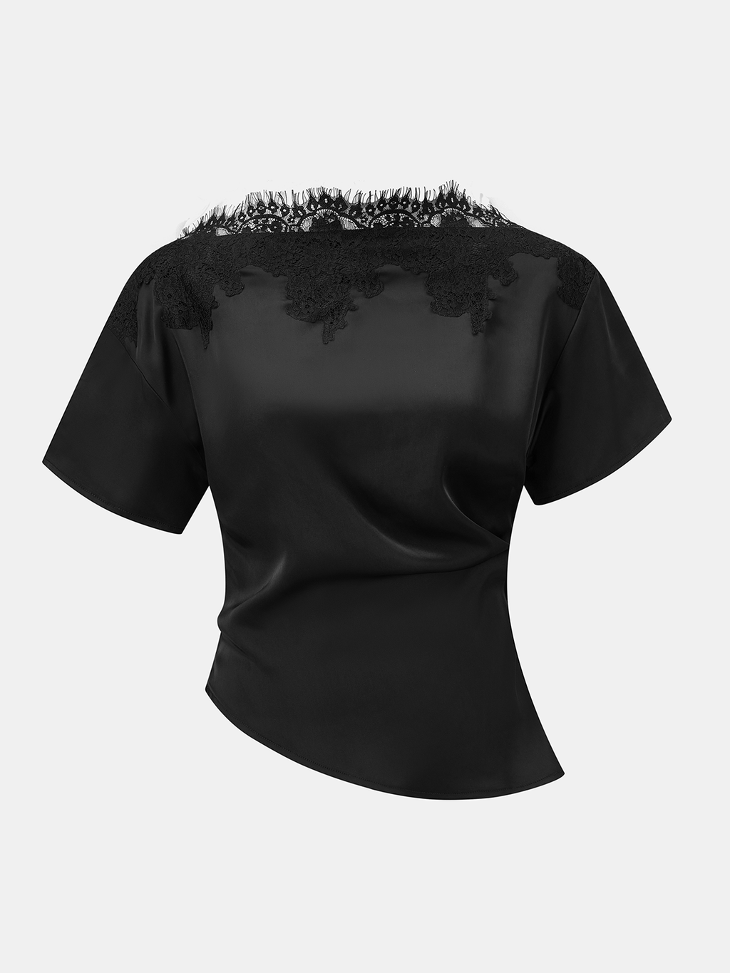Satin Off-Shoulder Lace Trim Asymmetrical Top