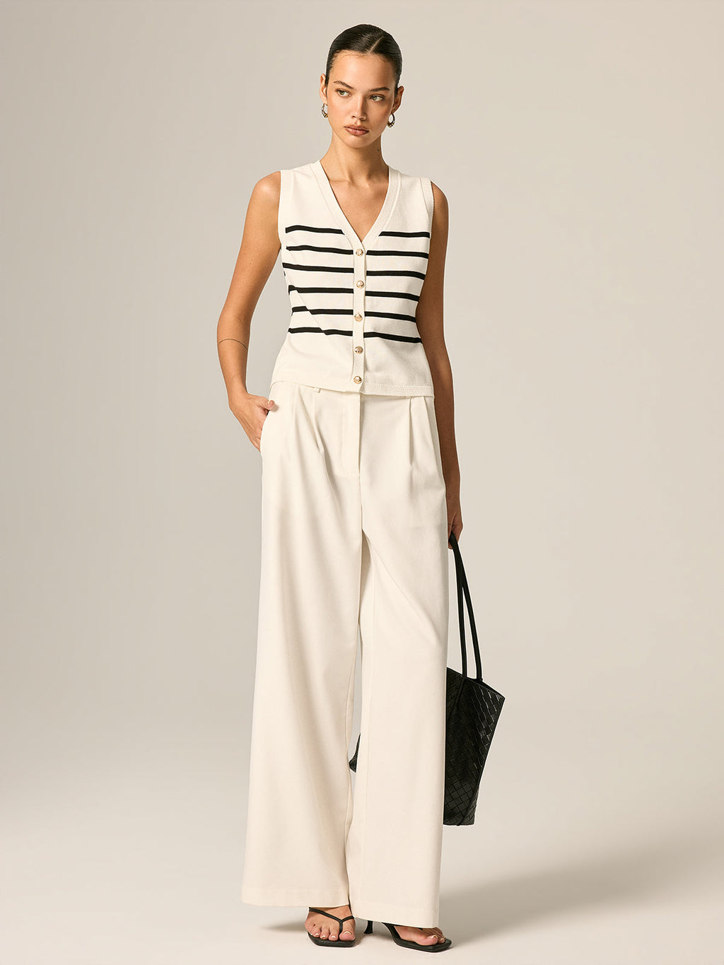 Striped V Neck Metal Button Knit Vest