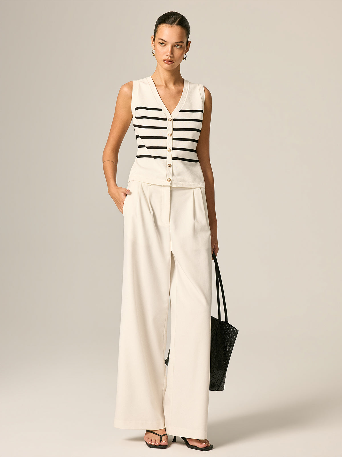 Striped V Neck Metal Button Knit Vest