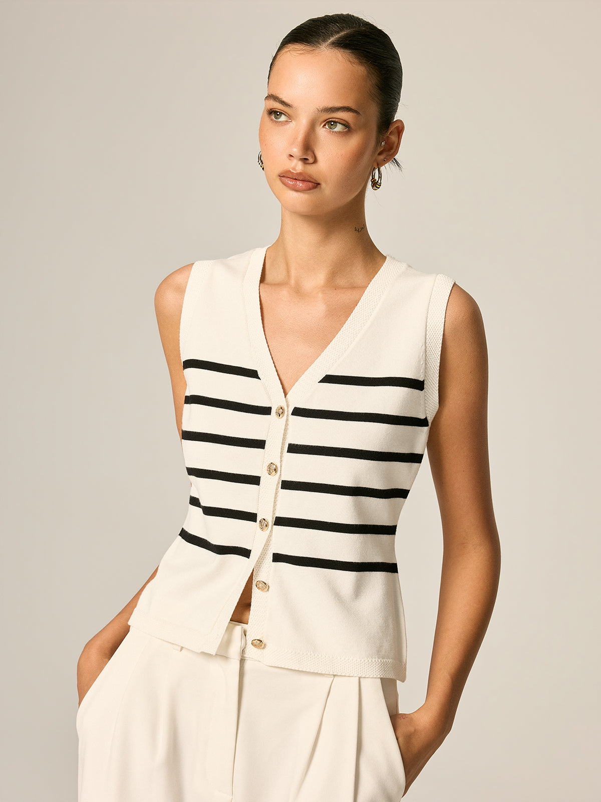 Striped V Neck Metal Button Knit Vest