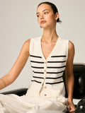 Striped V Neck Metal Button Knit Vest