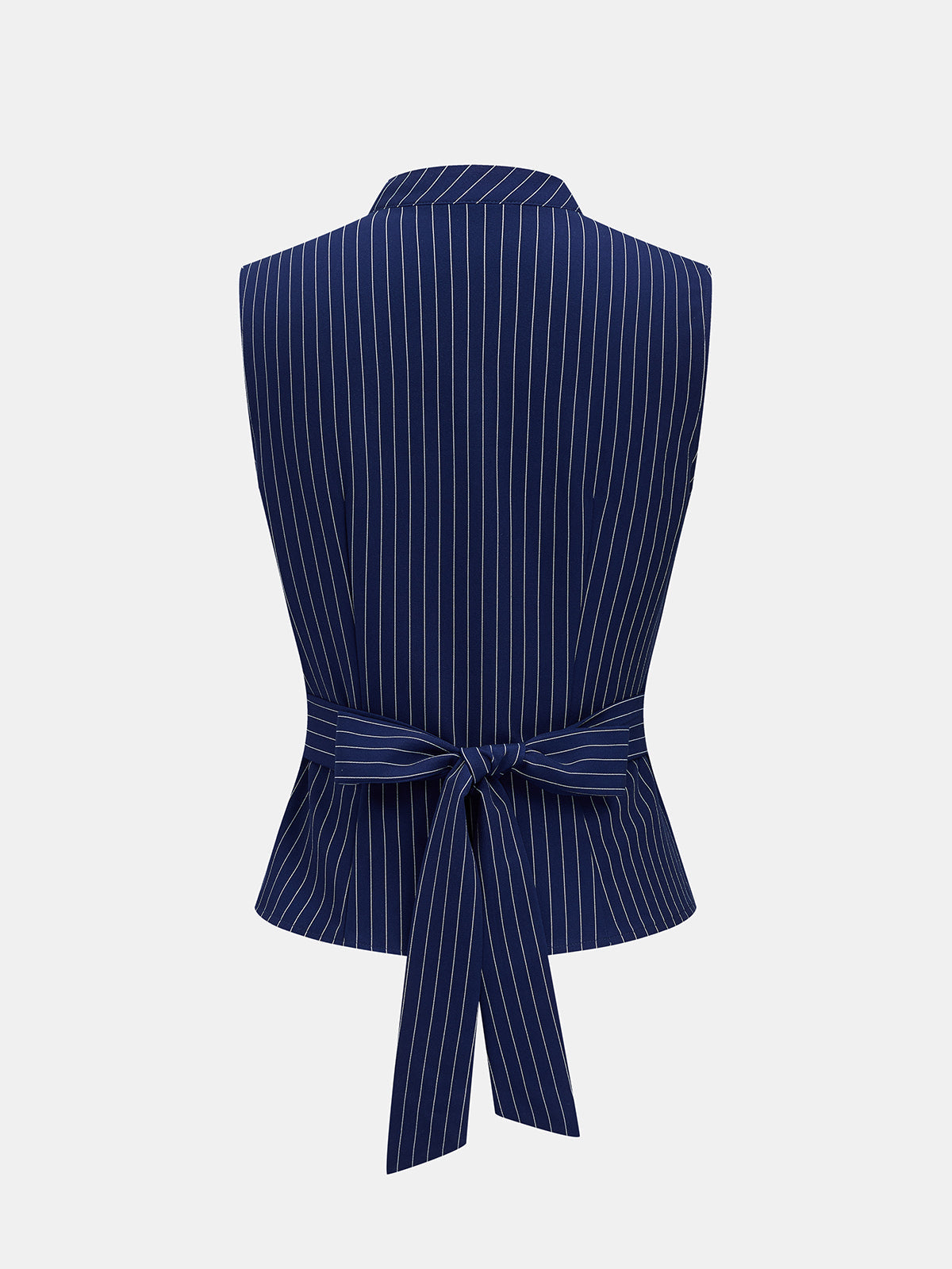 Stand Collar Striped Tie-Back Sleeveless Blouse