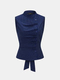 Stand Collar Striped Tie-Back Sleeveless Blouse