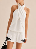 Cross Halter Top & Lace Applique Shorts Set