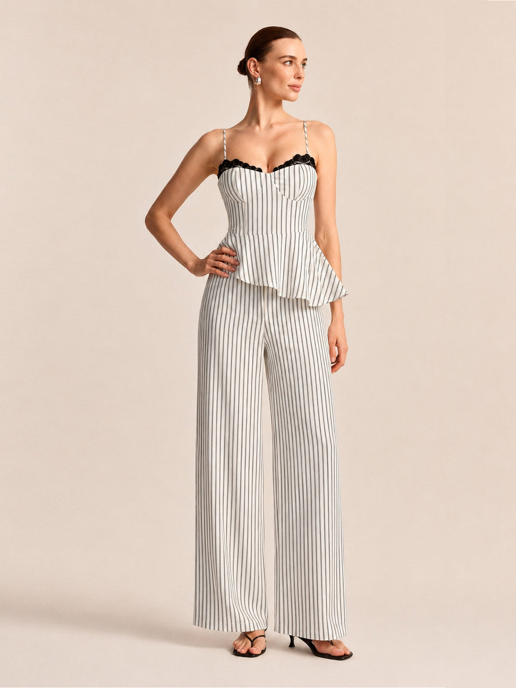 Lace Trim Striped Peplum Top & Pants Set