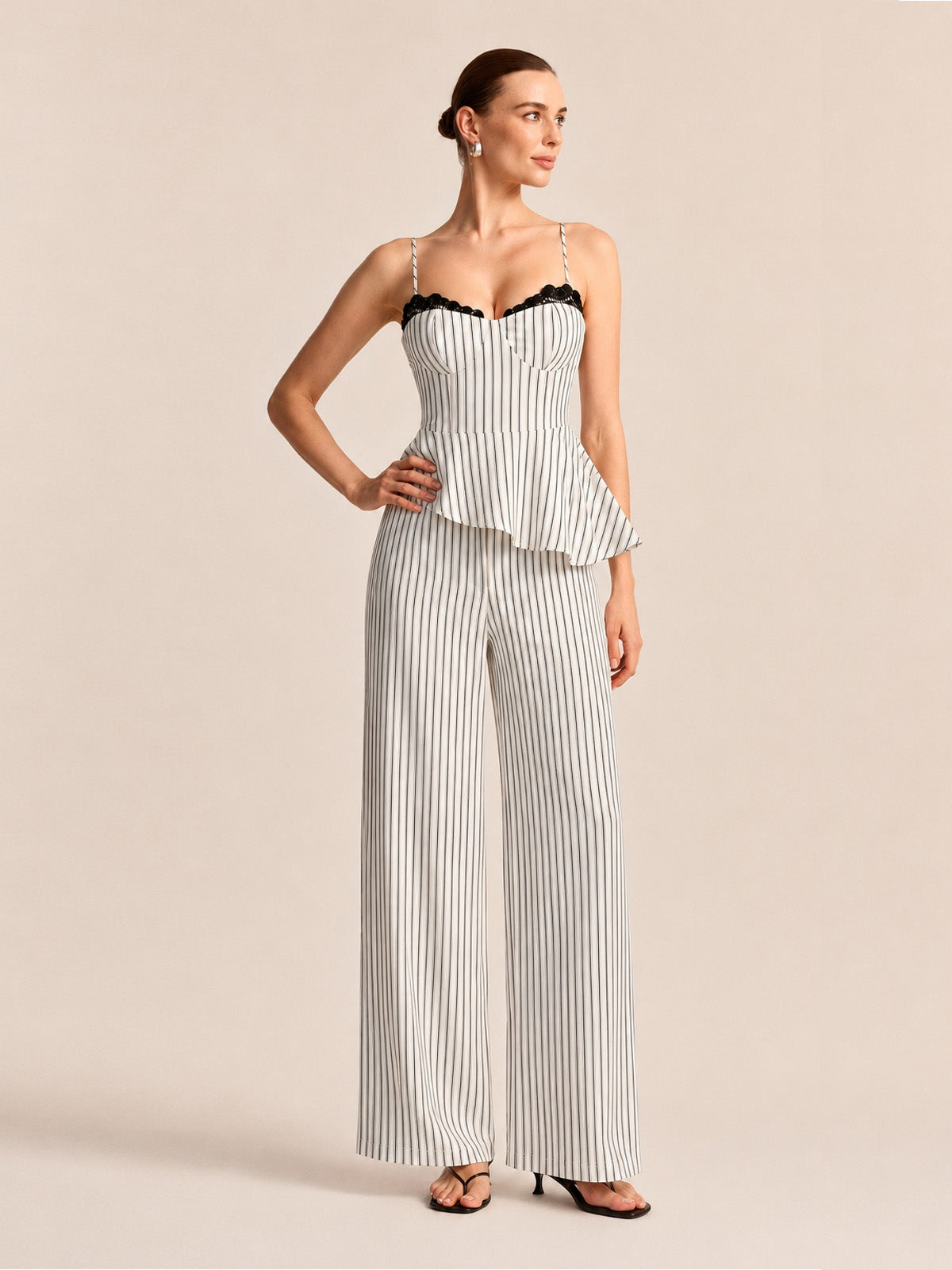 Lace Trim Striped Peplum Top & Pants Set
