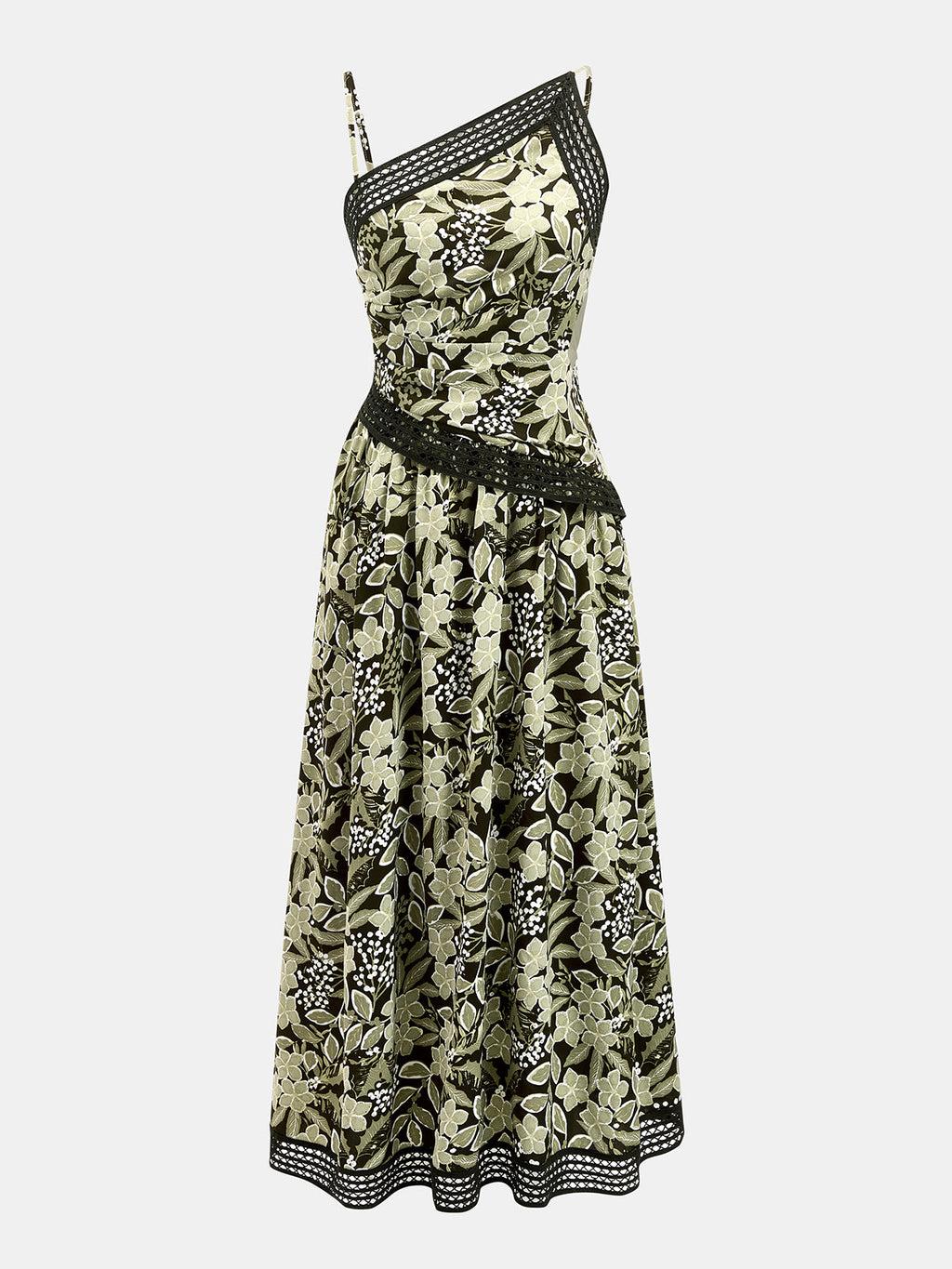 Asymmetric Strap Lace Trim Floral Midi Dress