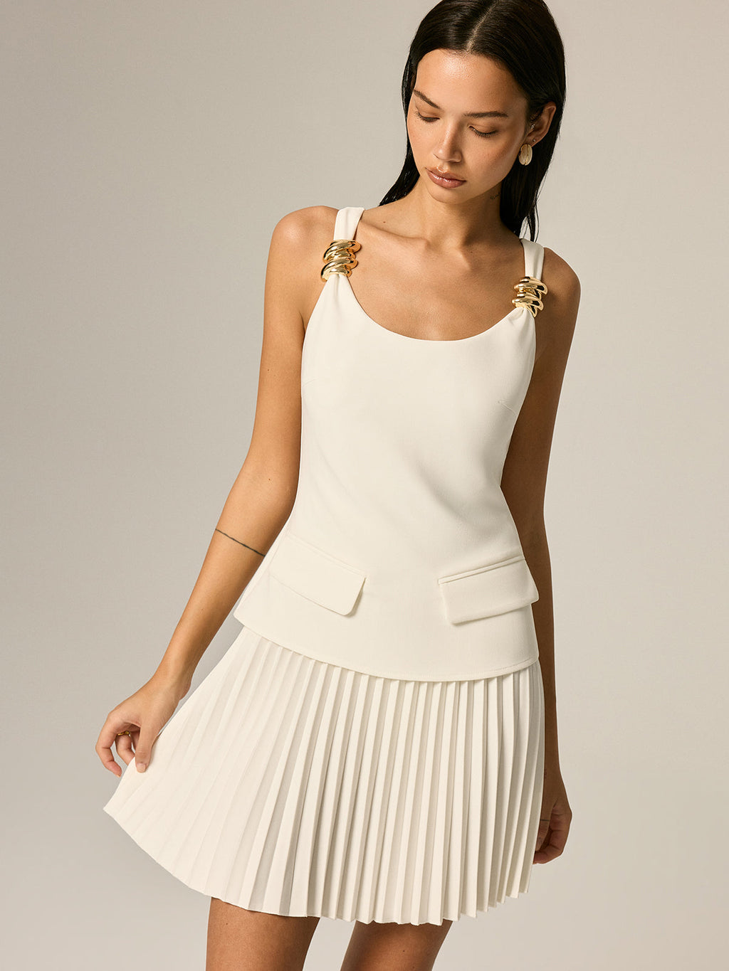 Metal Detail Pleated Mini Dress