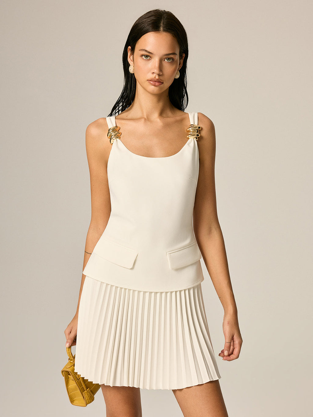 Metal Detail Pleated Mini Dress