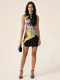 Keyhole Metal Buckle Floral Print Mesh Mini Dress