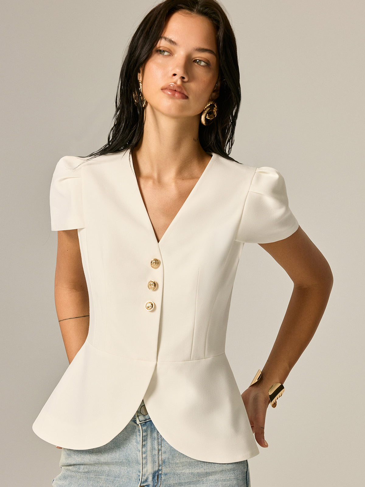 Puff Sleeve Peplum Metal Button Blouse