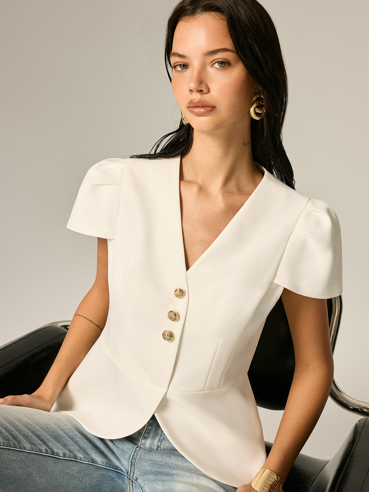 Puff Sleeve Peplum Metal Button Blouse