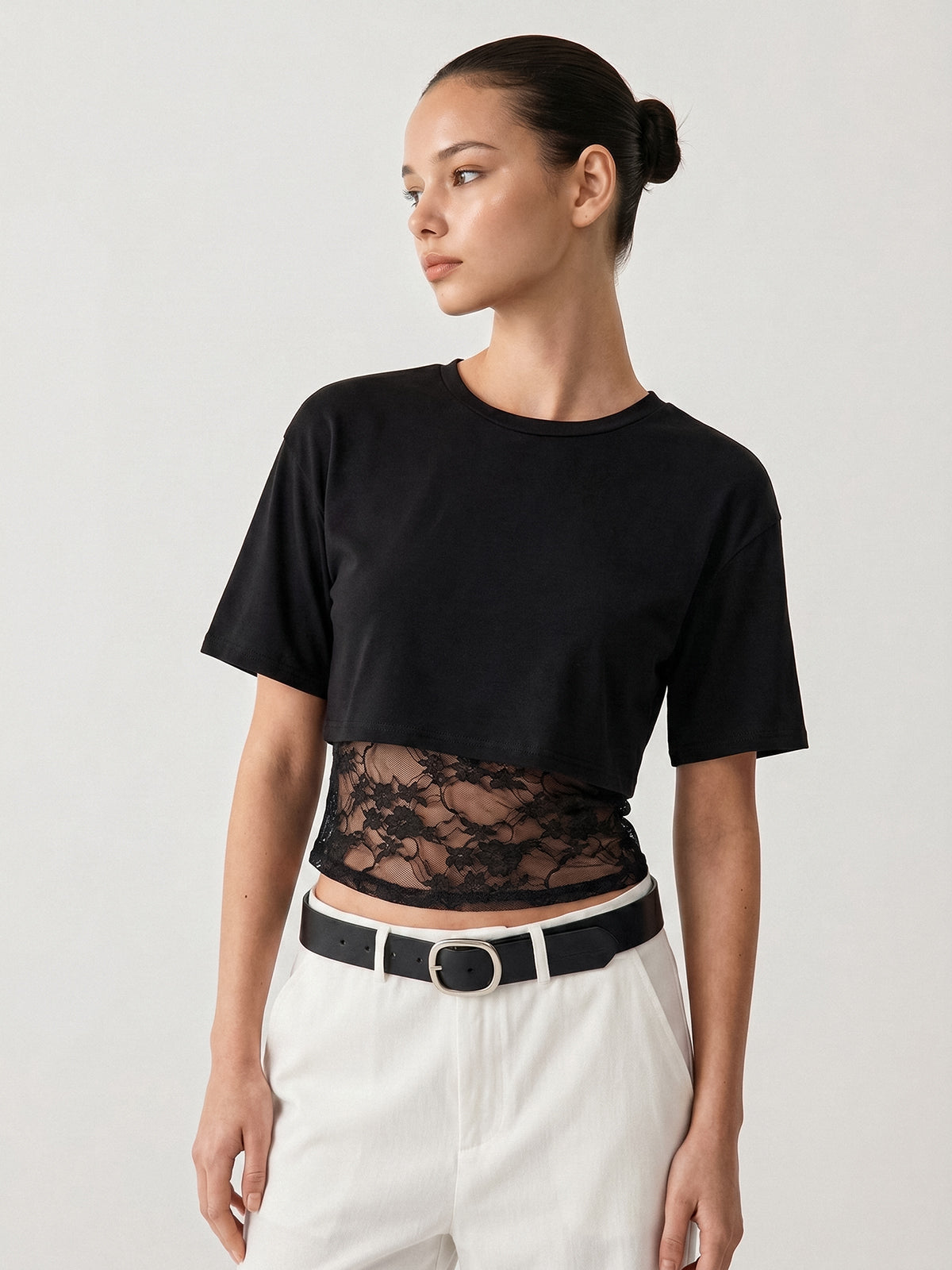 Lace Hem Patchwork Short Sleeve Top