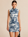 Toile Print Frog Button Sleeveless Mini Dress
