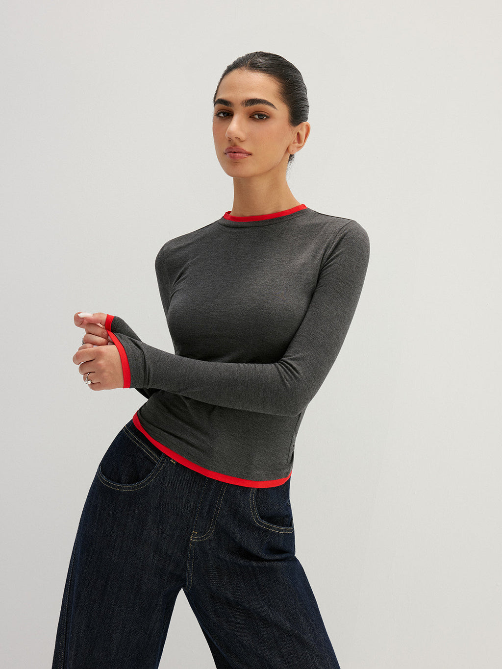 Contrast Trim Fake Two Piece Long Sleeve Top