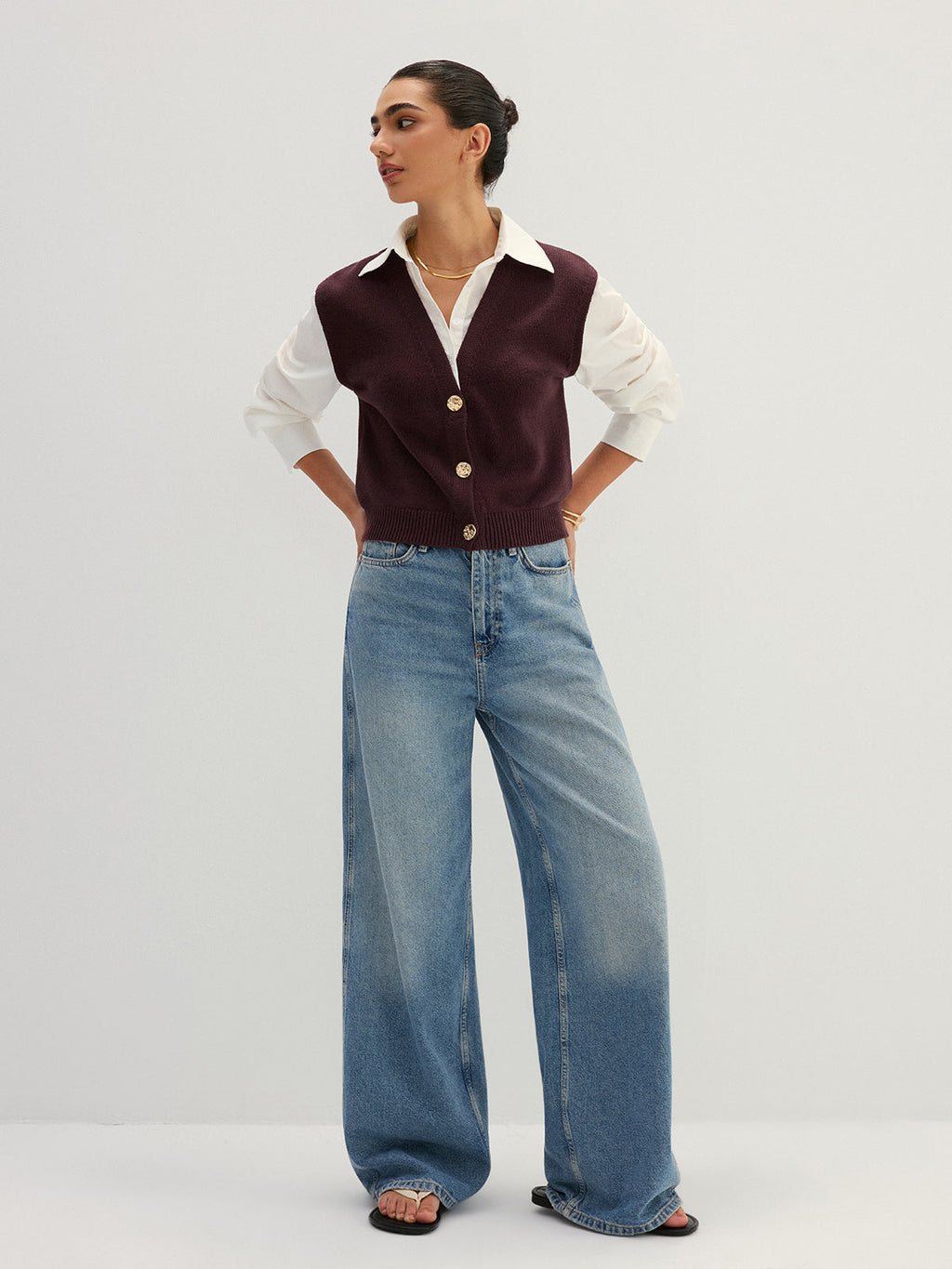 Button Front Fake Two Piece Knit Top