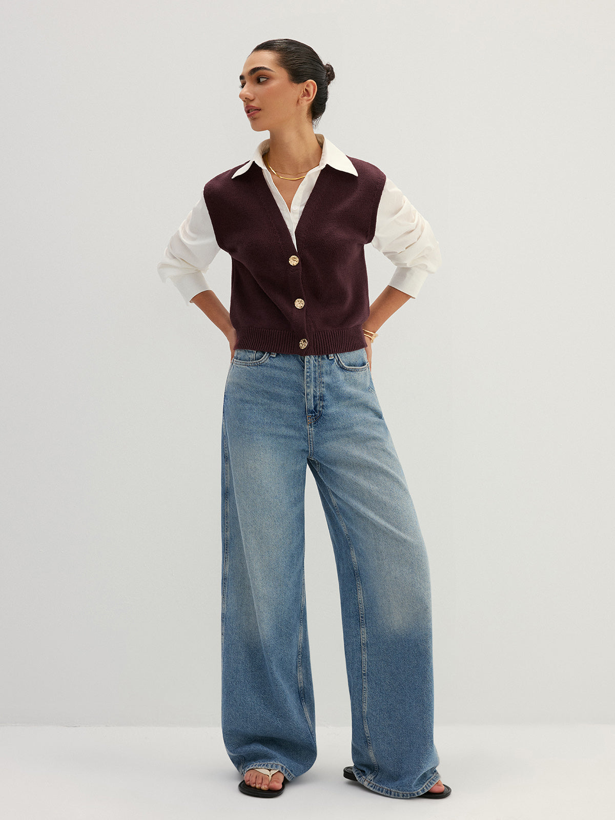 Button Front Fake Two Piece Knit Top
