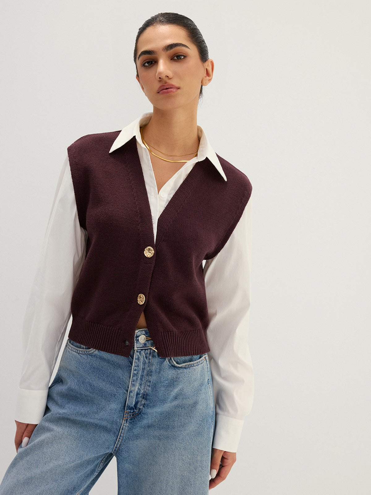 Button Front Fake Two Piece Knit Top