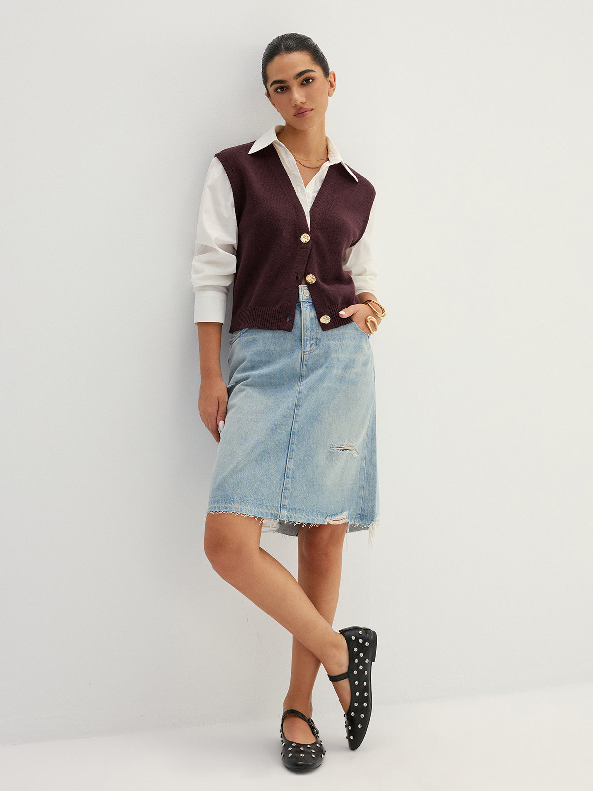 Button Front Fake Two Piece Knit Top