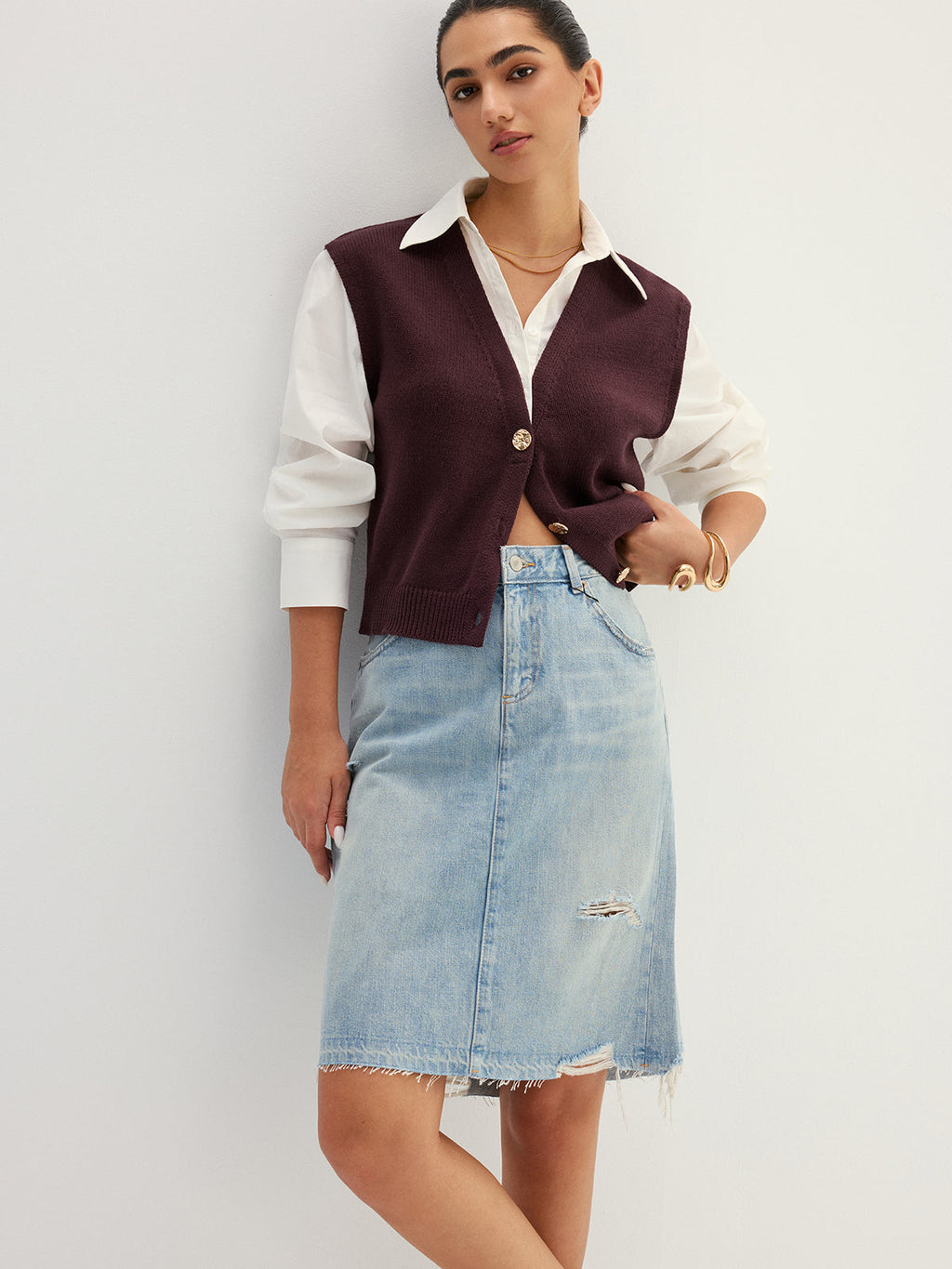 Button Front Fake Two Piece Knit Top