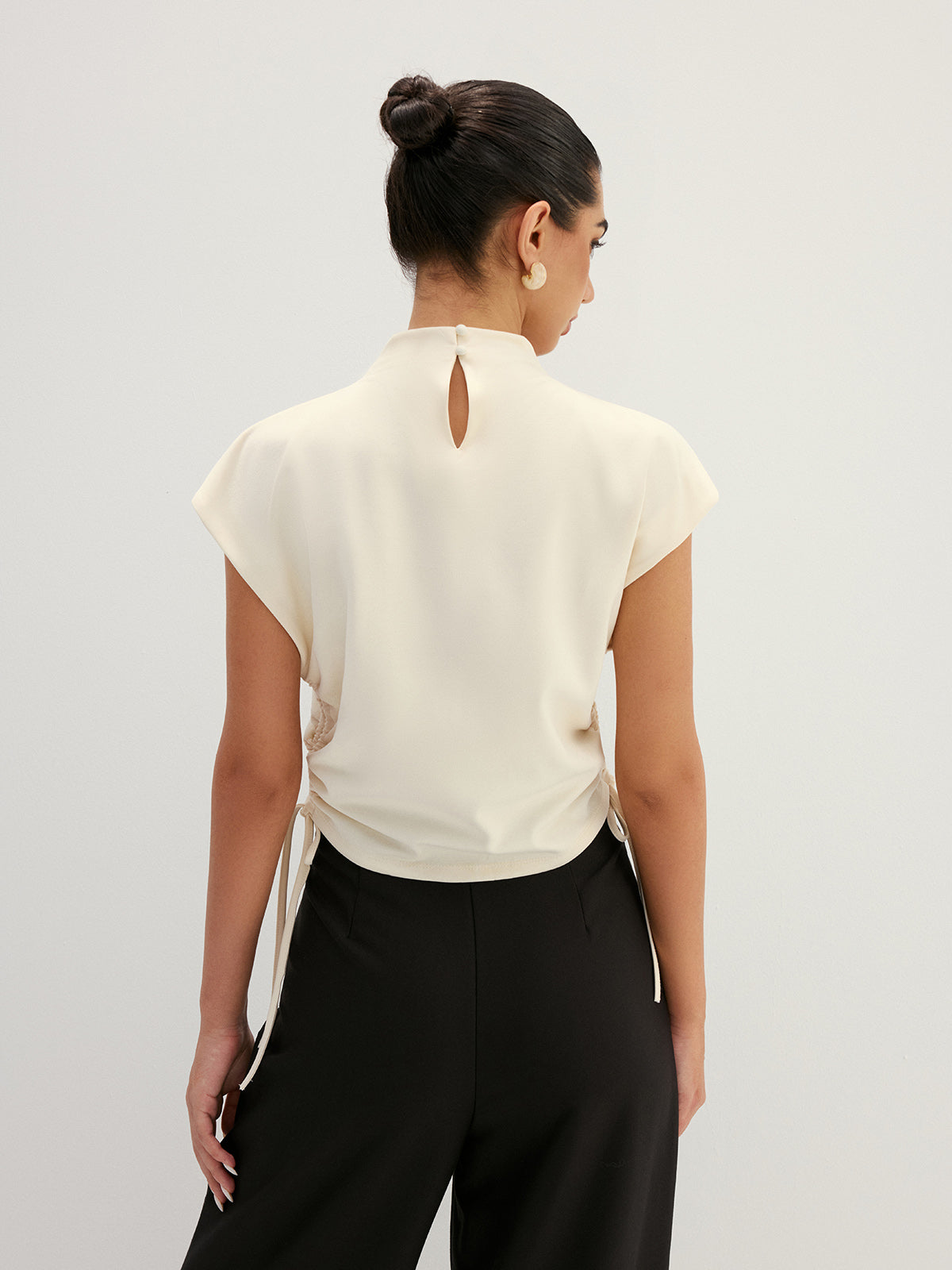Draped Side Drawstring Cap Sleeve Top